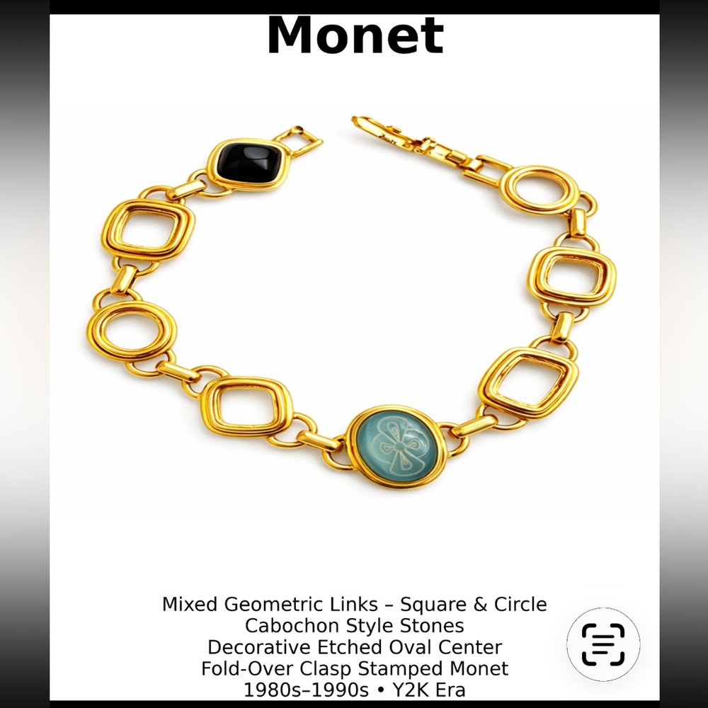 Vintage 1980s Monet Gold Tone Geometric Link Bracelet Cabochon Stones Signed